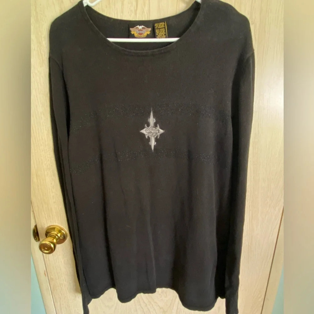 🖤 Harley Davidson Women's Black Knit Sparkle Stripe Pull Over Sweater Size XL